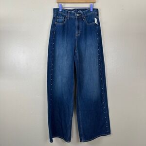 Old Navy Women's 2 Baggy Wide Leg Jeans Blue Studded High Rise Drapey Denim NEW